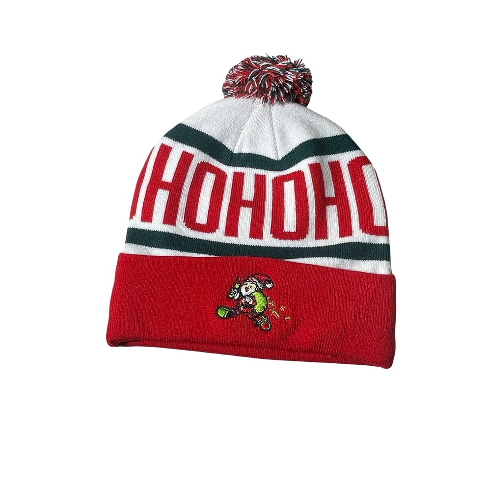 HO HO HO Christmas Beanie Hat • Holiday Pom Winter Knit • Elf Embroidery